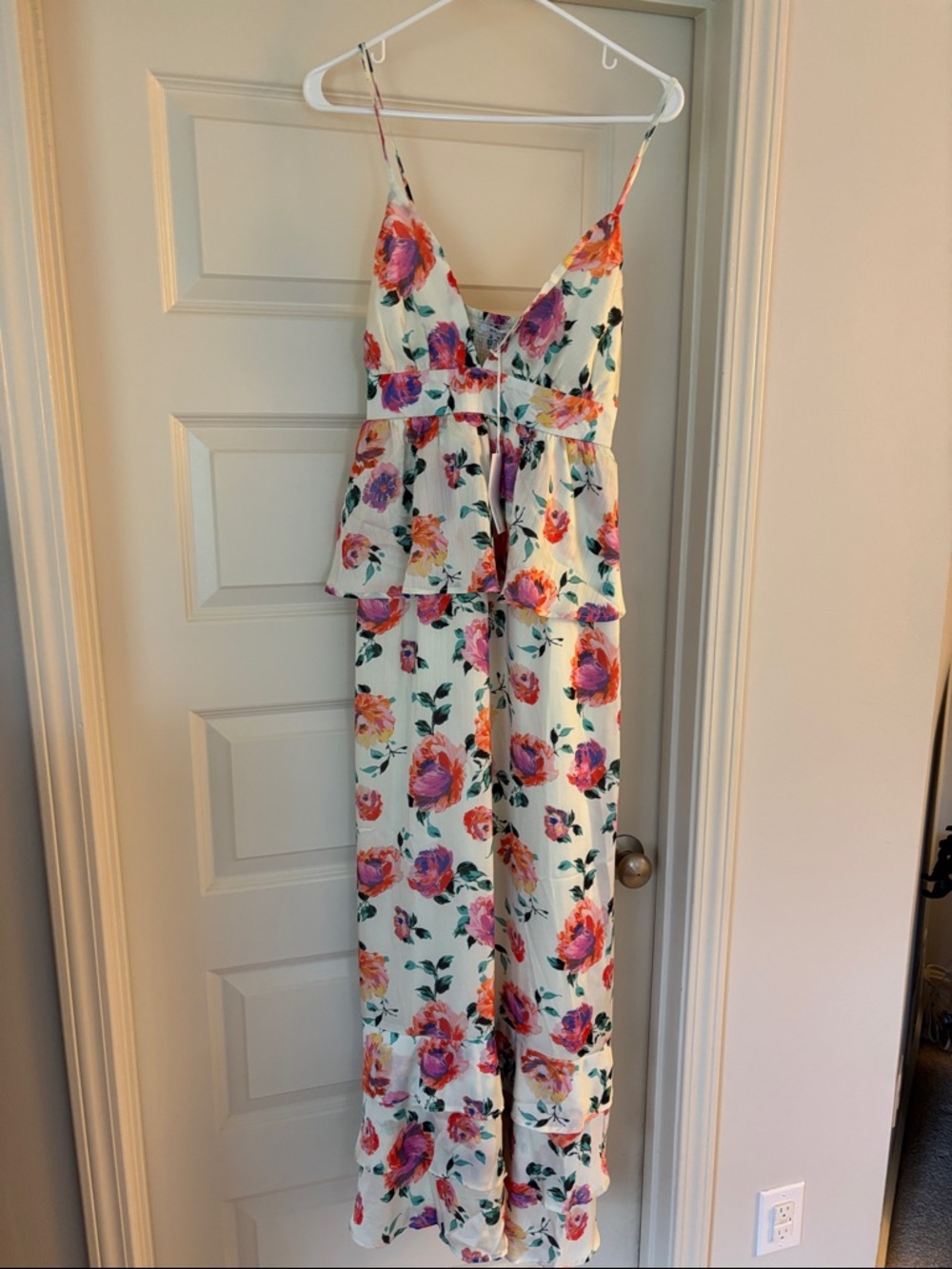 Floral Cream Maxi Dress with Pink & Purple Blooms